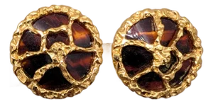 Vintage 1970s Signed Crown Trifari Round Goldtone Faux-Tortoise Clip Earrings-2 Pieces