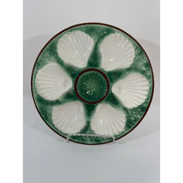 Ceramic 1920s Antique French Longchamp Majolica Green and White Oyster Plate For Sale - Image 7 of 14