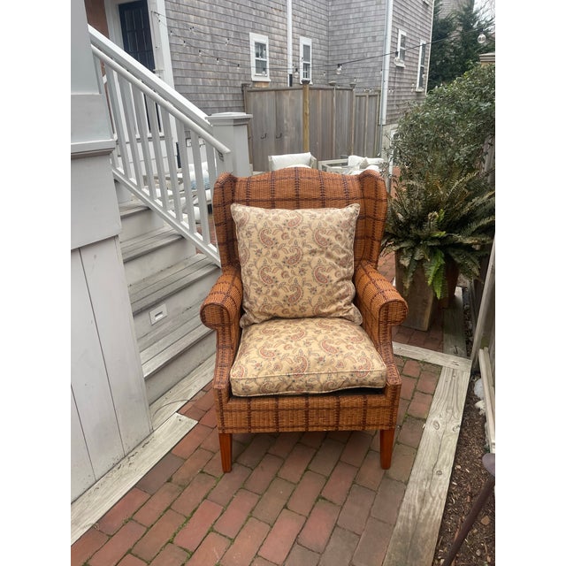 Late 20th Century Palecek Wicker Wingback Lounge Chair With Wood Legs For Sale In Nantucket - Image 6 of 6