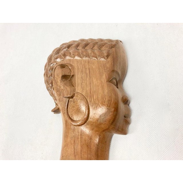 Brown Vintage Wooden Carved African Man & Woman Wall Hanging Sculptures, Set of 2 For Sale - Image 8 of 17