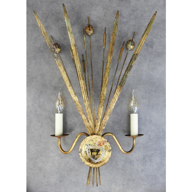 Spanish Gilt Tole Reed and Seed Head Wall Sconce, 1960 For Sale - Image 9 of 10