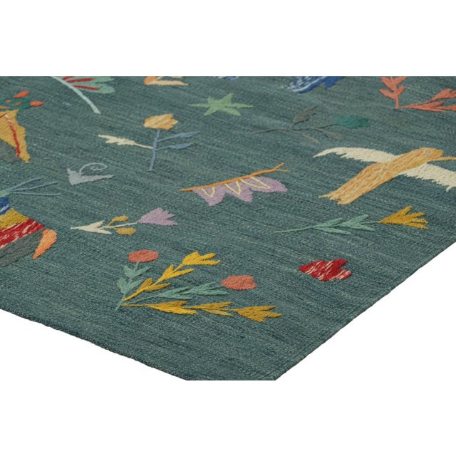 Rug & Kilim’s Suzani Style Kilim in Teal With Animal Pictorials and Florals For Sale In New York - Image 6 of 7