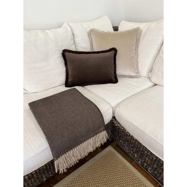 Contemporary Cashmere Throw Zibeline with Fringes Brown from Lo Decor For Sale - Image 3 of 4