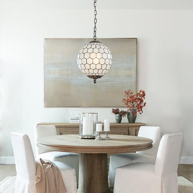 Metal Vintage Aloadecor 1-Light 12'' Brass French Vintage Cosatal Glam Chandelier With Natural Capiz Shell Globe Lantern Hanging Light For Sale - Image 7 of 8