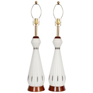 Mid 20th Century Frosted White Glass Table Lamps With Hand Painted Silver Overlay - A Pair For Sale