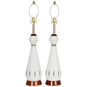 Mid 20th Century Frosted White Glass Table Lamps With Hand Painted Silver Overlay - A Pair