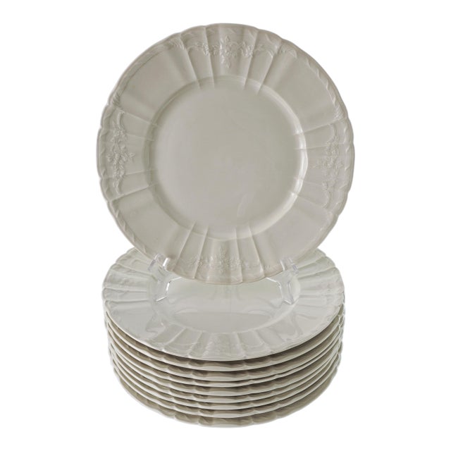 Mid 20th Century KPM Dinner Plates Rocaille Pattern Large 11" Dia Scepter Mark Cream Embossed Porcelain - Set of 10 For Sale