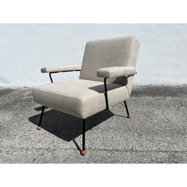 Milo Baughman 1950s Lounge Chair Attributed to Milo Baughman, Black Iron, Kravet Beligan Linen For Sale - Image 4 of 17