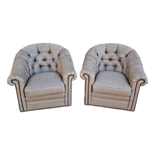 Lexington Robinson Tufted Back Swivel Chairs. Pair. For Sale