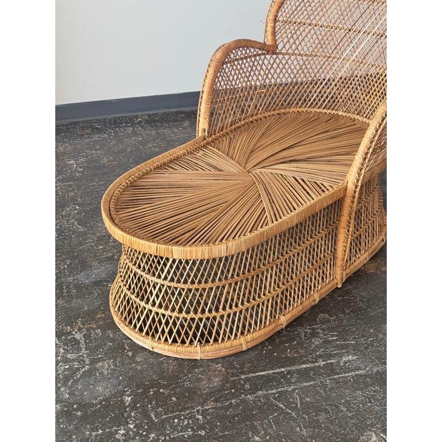 Vintage Boho Peacock Wicker Chaise With Tropical Cushions For Sale - Image 10 of 18
