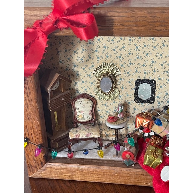 1950 th artisan made miniature diorama with Christmas tree with miniature ornaments. And miniature room setting in a frame.
