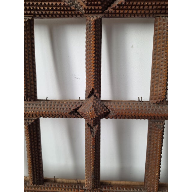 Antique Tramp Art Photo Frame, Folk Art Wooden Picture Frame, Black Forest Style Cabinet Card Holder, Rustic Wall Display For Sale - Image 11 of 12