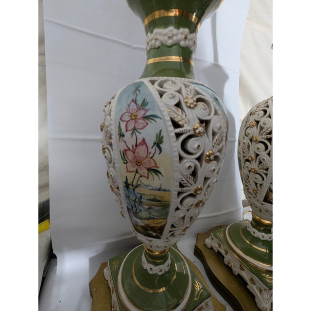 A Pair of Capodimonte 1930's Table Lamps With Brass Base and Double Bulbs For Sale In Sacramento - Image 6 of 7