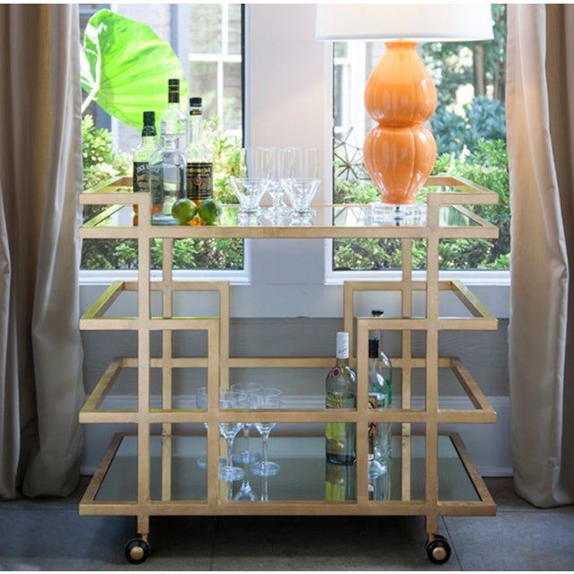 Contemporary Matthew Izzo Home Ireland Geometric Hand Finished Gold Leaf Bar Cart on Casters With Two Mirror Shelves For Sale - Image 3 of 5