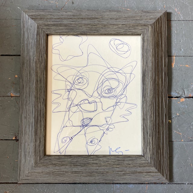 1980’s Vintage Wayne Cunningham Abstract Blue Ink Drawing Framed For Sale - Image 4 of 4