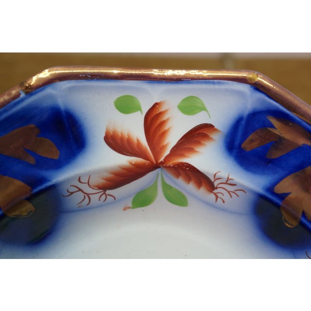 Antique Gaudy Welsh Ironstone Cobalt Blue Floral Creamer Pitcher & Bowl For Sale - Image 6 of 18
