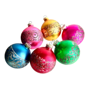 Vintage Multi-Coloured Glittered West German Ornaments, Set of 6