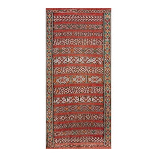 1940s Red Stripe Mid Century Moroccan Rabat Flat-Weave Carpet 5' X 10'3" Flatweave Wool Rug For Sale