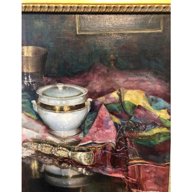 Black Nina Karasek, 1925 Viennese Oil Painting Interior Still Life with Porcelain Vase, Tapestry Rug, 1925 For Sale - Image 8 of 14