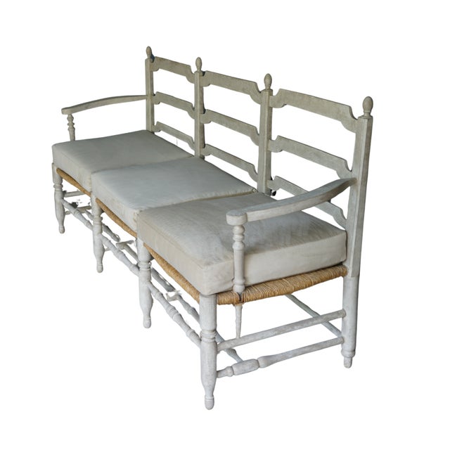 Antique French Provincial Settee With Old World Finish and Dove Grey Velveteen Cushions For Sale - Image 4 of 18