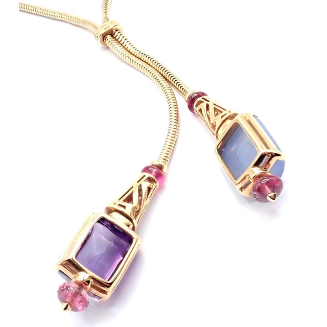 Bulgari Rose Gold Amethyst Chalcedony Tourmaline Lariat Necklace For Sale - Image 9 of 15