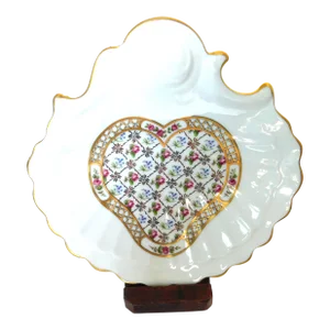 Limoges France Heart-Shaped Vintage Rose and Gold Leaf Candy Appetizer Trinket Ring Dish