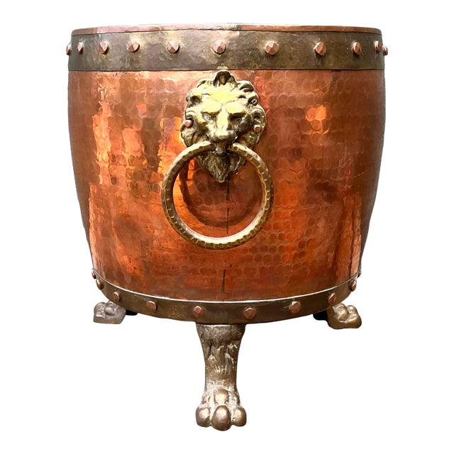 Vintage English Hammered Copper and Brass Paw Foot Planter For Sale