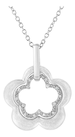 Matte Finished .925 Sterling Silver Diamond Accent Double Flower Shape 18" Satin Finished Pendant Necklace