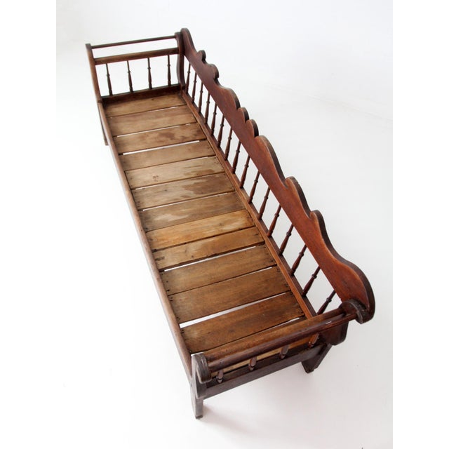 Farmhouse Antique 19th Century Wooden Spindle Back Bench With Scalloped Crest Rail For Sale - Image 3 of 18