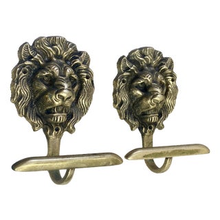 Vintage Brass Lion Head Coat Hooks, 1940s, Set of 2 For Sale
