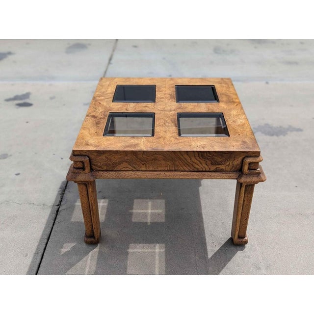 Postmodern Burl Wood and Smoked Glass Square Side Table, 1970s For Sale - Image 4 of 10
