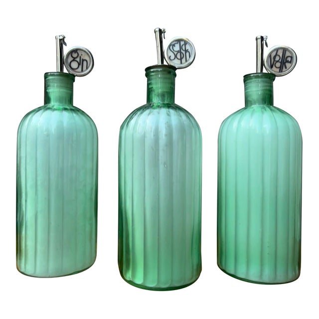 Vintage Green Decanter Bottles With Metal Siphon Discs and Monogram Discs - Set of 3 For Sale