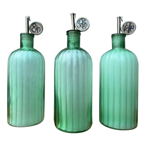 Vintage Green Decanter Bottles With Metal Siphon Discs and Monogram Discs - Set of 3