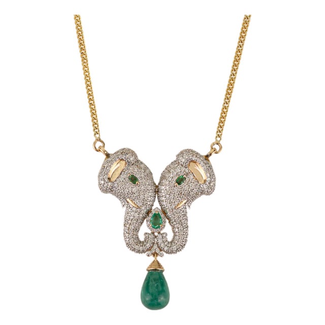 VRJewels Two Head Vintage Elephant Necklace- 4.35 Ct Emerald & 2.39 Ct Diamond in 14k Solid Gold For Sale