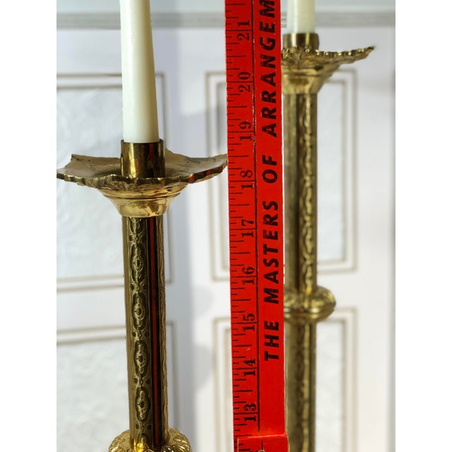 Antique Gothic Revival Brass Alter Candle Holders Candlesticks Set of