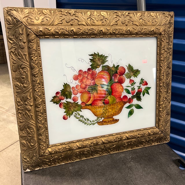 Antique Reverse Painted Foil Still Life Fruit Basket Painting in Antique Gilded Frame For Sale In Providence - Image 6 of 7
