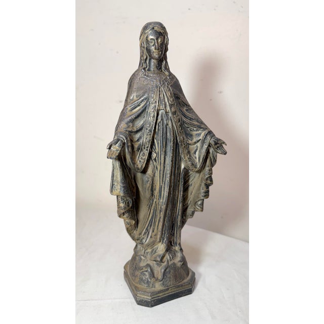 Tall Antique Silver Plate Metal Religious Saint Virgin Mary Statue Sculpture For Sale - Image 10 of 13