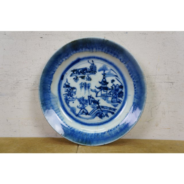 Antique Chinese Export Canton Blue White Pagoda Landscape Bread Plates 7" - 10 pcs For Sale - Image 4 of 10