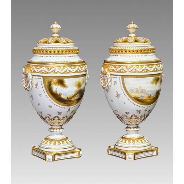 Late 19th Century Antique Royal Worcester Neoclassical Matched White and Gilt (Gold) Porcelain Covered Urns W/ Landscaped Panels by Harry Davis, a Pair, England 1912. For Sale - Image 5 of 12