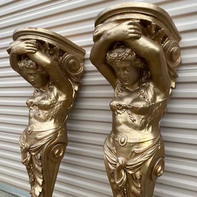 Art Deco Lifesize 4 Foot 1970s Oversized Gold Lady Sconces For Sale - Image 3 of 5