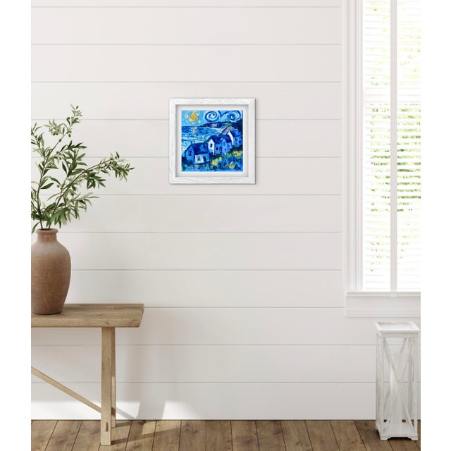 Blue "Sunlight Over the Coastal Cottages" Impressionist Oil Painting For Sale - Image 8 of 9