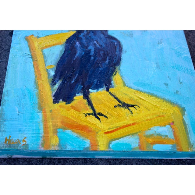 Crow on Yellow Chair – Bright, playful, and full of character! This 12 × 12 × 1" oil painting on a handmade wood cradle by...