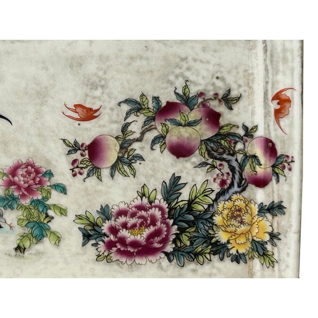 Vintage Finish Rooster Flower Graphic Rectangular Porcelain Plate Art For Sale - Image 4 of 10