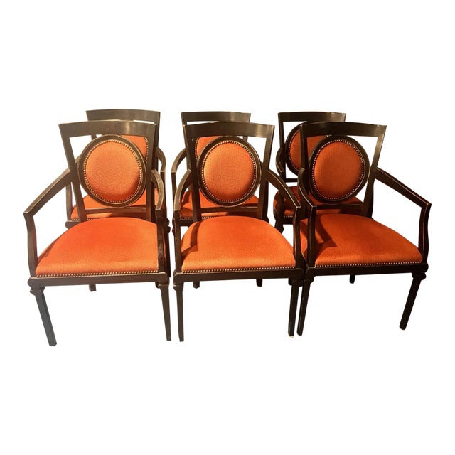Set of 6 Minton-Spidell Hollywood Regency Style Dining Armchairs in Distressed Craquelure Finish For Sale
