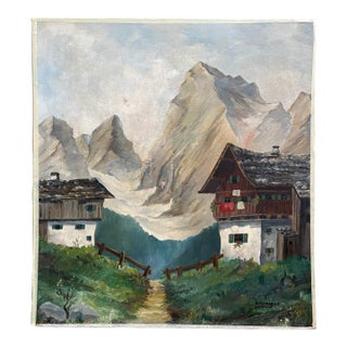 1940s European Alps Oil Painting on Old Advertisement Board For Sale