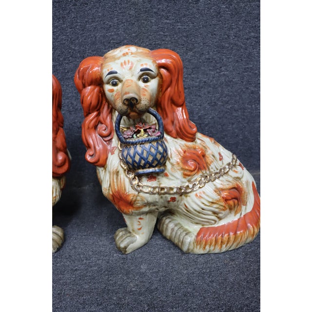 Oversized Pair of Staffordshire Style Spaniel Dog Figurines With Baskets For Sale - Image 4 of 10