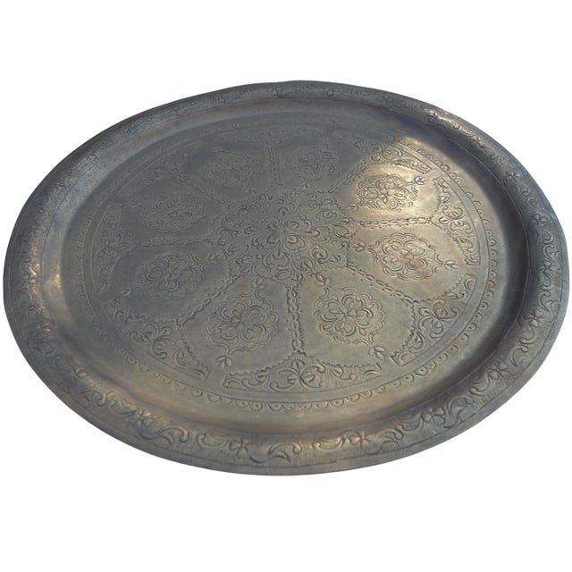 Mid 20th Century Hand-Engraved Brass Tray with Moorish Arabesque Motif For Sale - Image 4 of 10