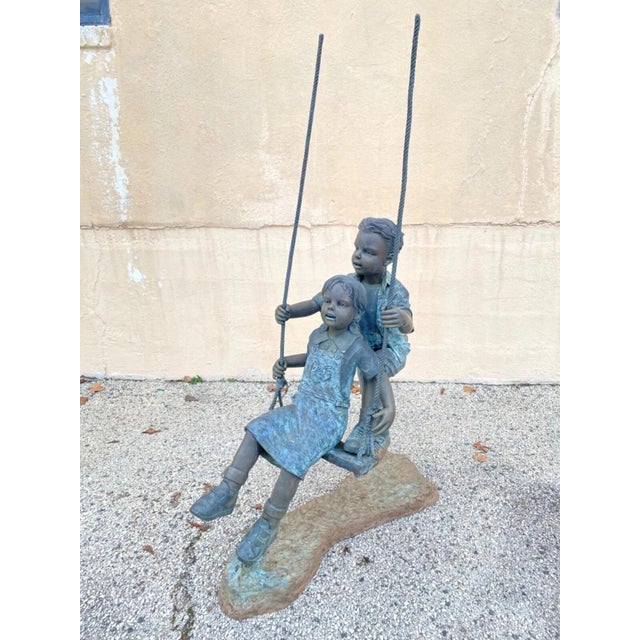 Late 20th Century Large Bronze Boy and Girl Children Swinging Garden Outdoor Statue Sculpture For Sale - Image 9 of 9