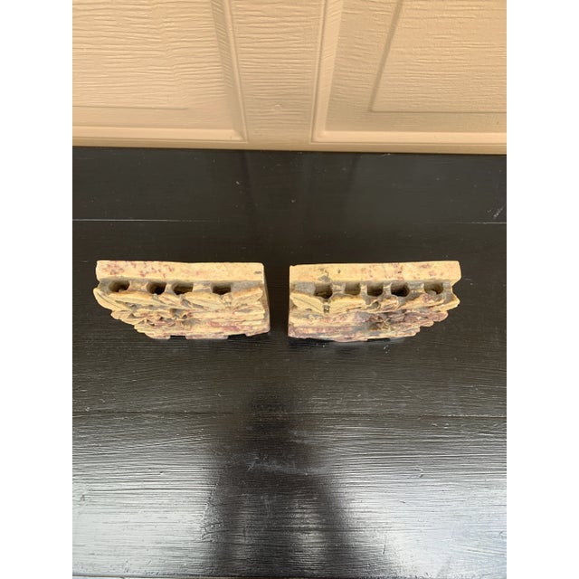 Antique Chinese Art Deco Carved Soapstone Floral Bookends, Pair For Sale - Image 9 of 13