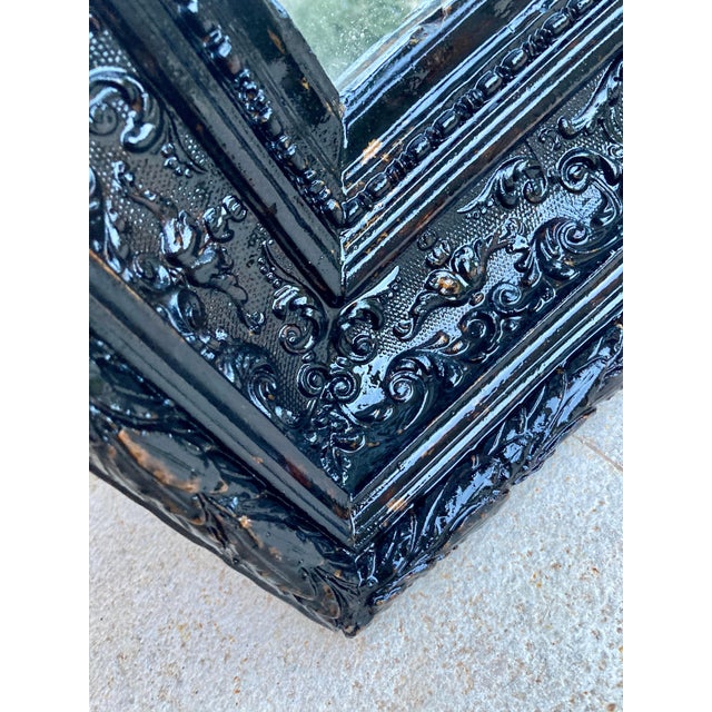 Blue French Dark Framed Carved Wood Wall Mirror, 1920 For Sale - Image 8 of 18